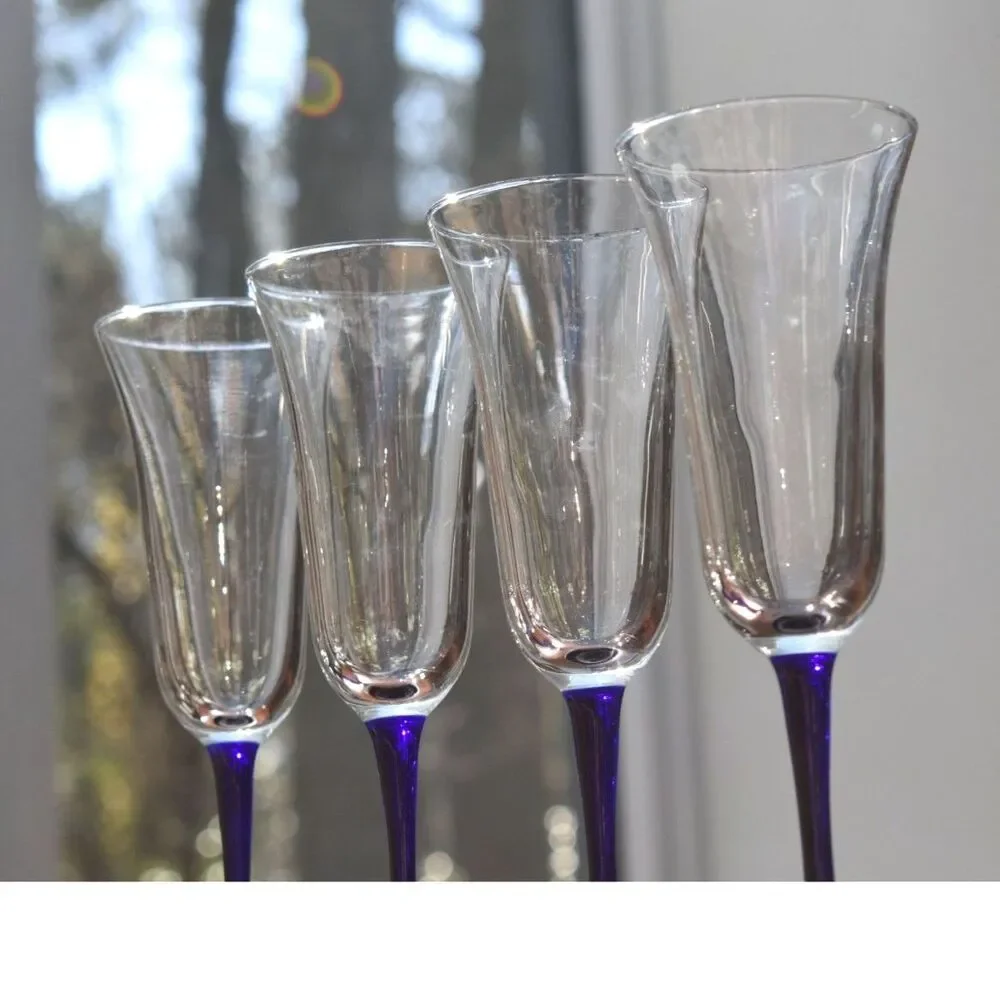 Set of 4 Vintage Blue Stemmed Fluted Champagne Glasses – Wide Rim